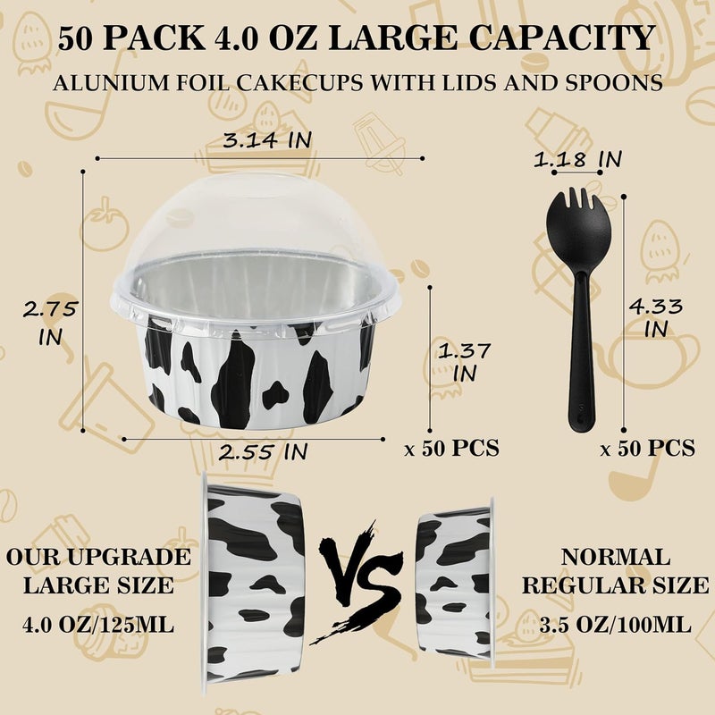 BAKINGPAK Aluminum Foil Baking Cups With Lids, 50pcs 4oz Disposable Ramekins Aluminum Pans Mini Cake Pans Cake Cups Thanksgiving, COW LINES, HG01AP125ACWX50 - Image 2
